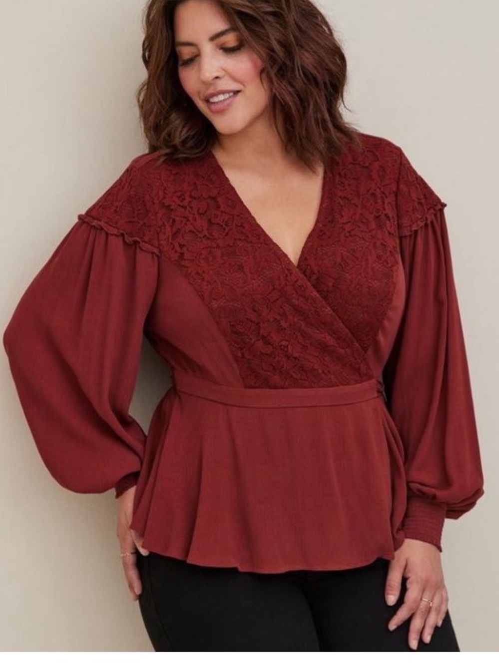 New Torrid Floral Lace Wrap Top Long Balloon Sleeve Plus Size 4X Madder Brown